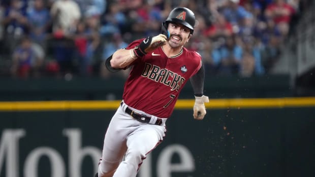 Oct 27, 2023; Arlington, Texas, USA; Arizona Diamondbacks outfielder Corbin Carroll (7) rounds second base against the Texas Rangers during Game 1 of the World Series at Globe Life Field.